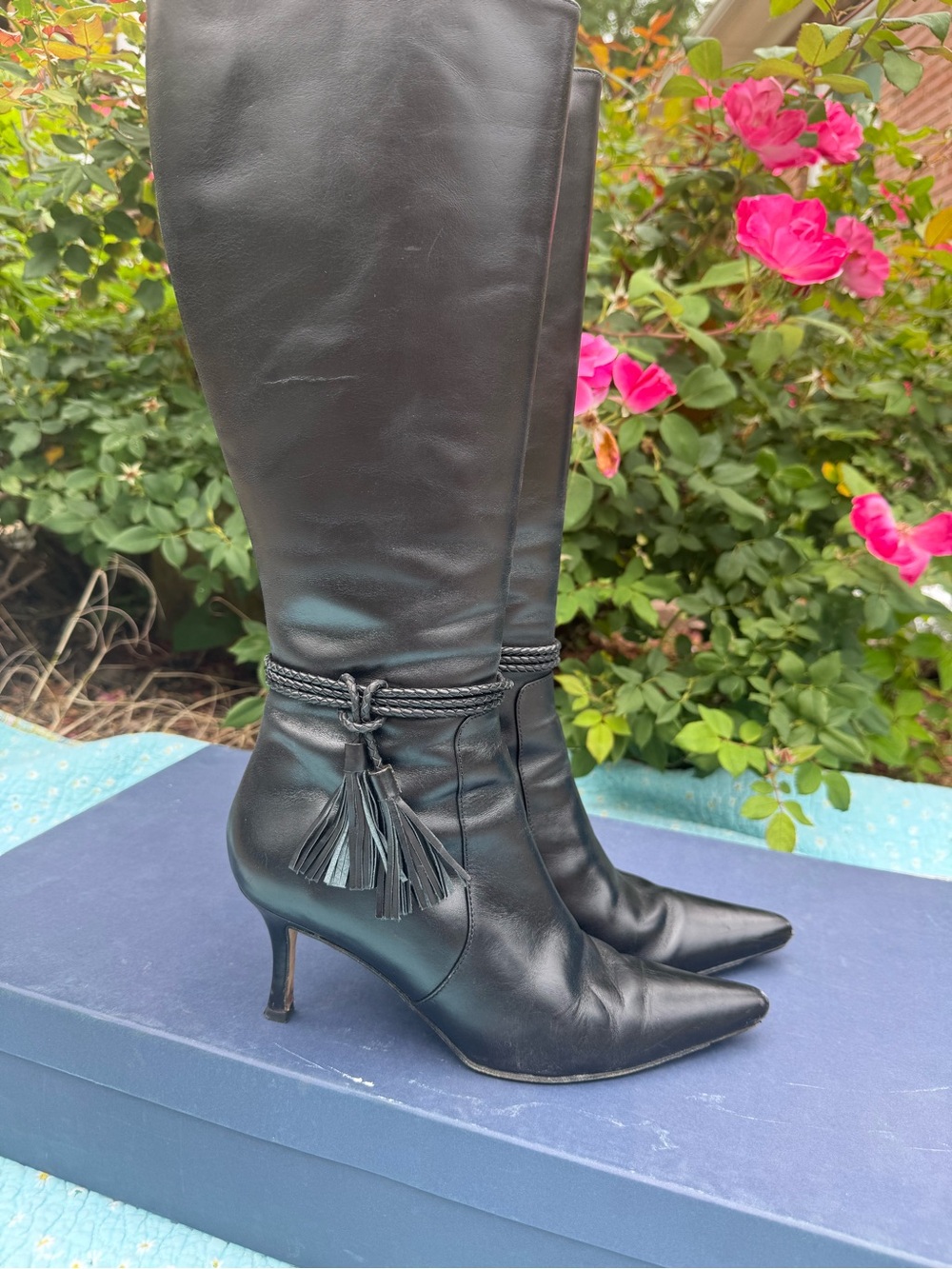 Faconnable Black Leather Knee-High Pointed-Toe Tassel Boots - Picture 3 of 16